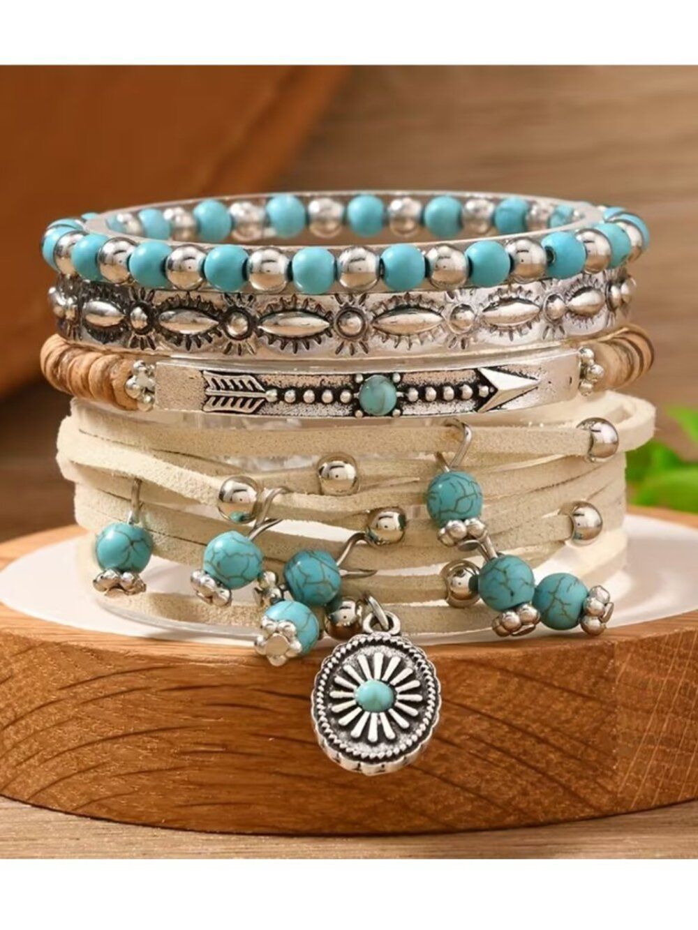 NWT Western Boho Faux Turquoise Stacked Bracelet Set PU Leather Charm Cuff
